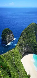 A breathtaking view of a tropical beach with blue ocean and lush green cliffs.