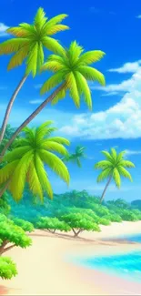 Tropical beach wallpaper with palm trees and blue sky.