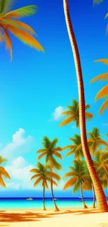 A vibrant tropical beach with palm trees and a bright blue sky.