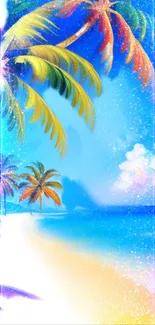 Tropical beach wallpaper with palm trees and blue ocean view.