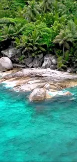 Tropical beach with lush greenery and turquoise waters.