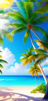 Tropical beach wallpaper with palm trees and blue skies.