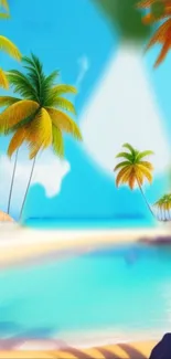 Tropical beach wallpaper with palm trees and blue ocean.