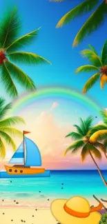 Vibrant tropical beach scene with palms and sailboat.