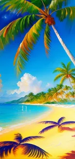 Vibrant tropical beach wallpaper with palm trees and clear blue sky.