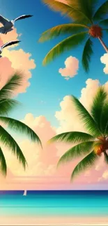 Tropical beach with palm trees and seagulls under a blue sky.