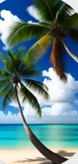 Tropical beach scene with palms on a clear blue sky and emerald sea background.