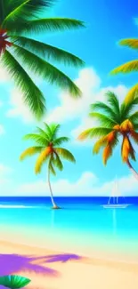 A serene tropical beach wallpaper with palm trees and a clear blue sky.