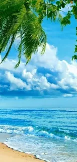 Tropical beach with palm trees under a vibrant blue sky.