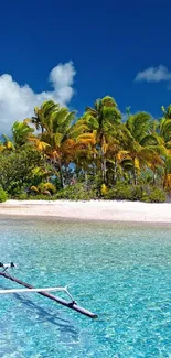 Tropical beach with blue sea and palm trees, ideal for a phone wallpaper.