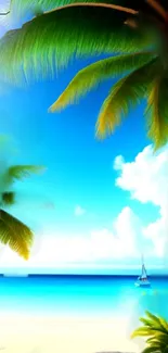 Mobile wallpaper featuring a tropical beach with palm trees and blue skies.