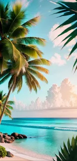 Palm trees and turquoise sea under a clear blue sky at a tropical beach.