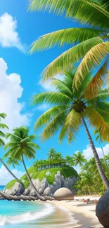 Tropical beach with palm trees and turquoise water under a bright blue sky.