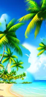 Tropical beach scene with palm trees and blue sky.