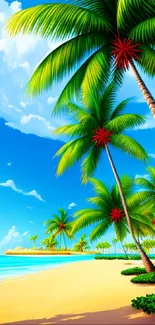 Tropical beach with palm trees and blue sky mobile wallpaper.