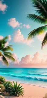 Tropical beach with palm trees and turquoise sea under a clear blue sky.