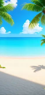 Tropical beach wallpaper with palm trees and blue ocean waters.