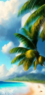 Tropical beach scene with palm trees and blue sky in mobile wallpaper.