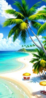 Vibrant tropical beach with palm trees and turquoise water under a sunny sky.