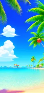 Vibrant tropical beach with palm trees and clear blue skies.