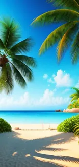 Serene tropical beach with blue sky and palm trees on the sandy shore.