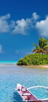 Tropical beach with azure waters and vibrant palms under clear skies.