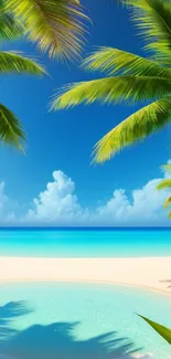 Tropical beach with palm trees and azure sea under a blue sky.