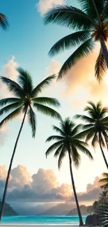 Tropical beach scene with palm trees and a serene ocean under a blue sky.