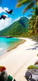 Vibrant tropical beach with parrots and palm trees under a clear blue sky.