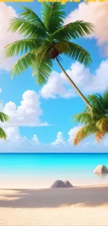 Tropical beach scene with palm trees and blue ocean under a sunny sky.