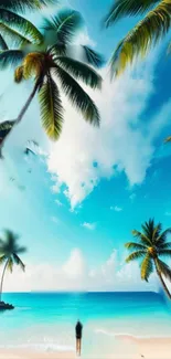 Tropical beach with palm trees and blue ocean under clear sky.