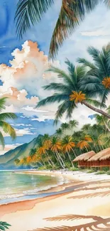 Tropical beach illustration with palm trees and blue sky.