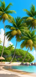 Serene tropical beach with palm trees under a vibrant blue sky.