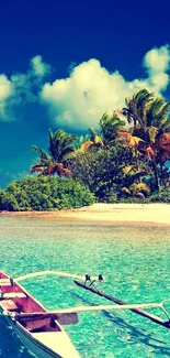 Tropical paradise with boat on clear water and palm-lined shore.