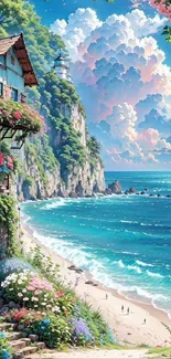 Beautiful tropical beach with a lighthouse, lush greenery, and vibrant flowers.