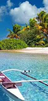 Tropical beach with palm trees, azure water, and a wooden boat.