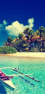 Vibrant tropical beach with boat and palms.