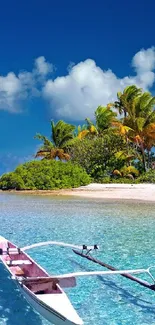 Tropical beach with clear waters and palm trees under blue skies.