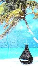 Beautiful tropical beach with palm trees and a cozy chair under a blue sky.