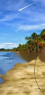 Tropical beach with clear blue skies and palm trees lining the coastline.