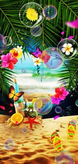 Tropical beach wallpaper with vibrant flowers.