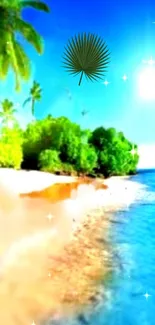 Tropical beach wallpaper with blue sky and greenery.