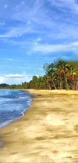 Tropical beach with palm trees and blue sky wallpaper.