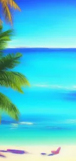 Tropical beach with palm trees and vibrant blue ocean under a clear sky.