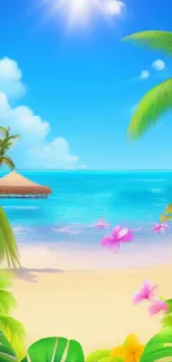 Tropical beach wallpaper with ocean, palms, and flowers under a bright sun.