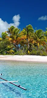 Tropical beach with blue skies and crystal-clear water.