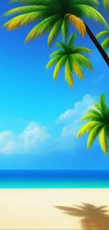 Tropical beach wallpaper with palm trees and blue sky.