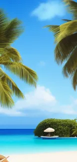 Tropical beach with palms, clear blue sky, and serene ocean.