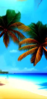 Tropical beach with palm trees under a clear blue sky.