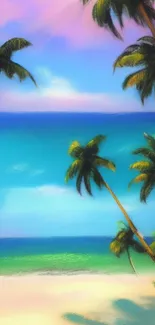 Vibrant tropical beach with palm trees and blue sky mobile wallpaper.